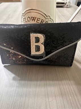 bebe Black Sequin Crossbody Clutch with Rhinestone 'B' Accent